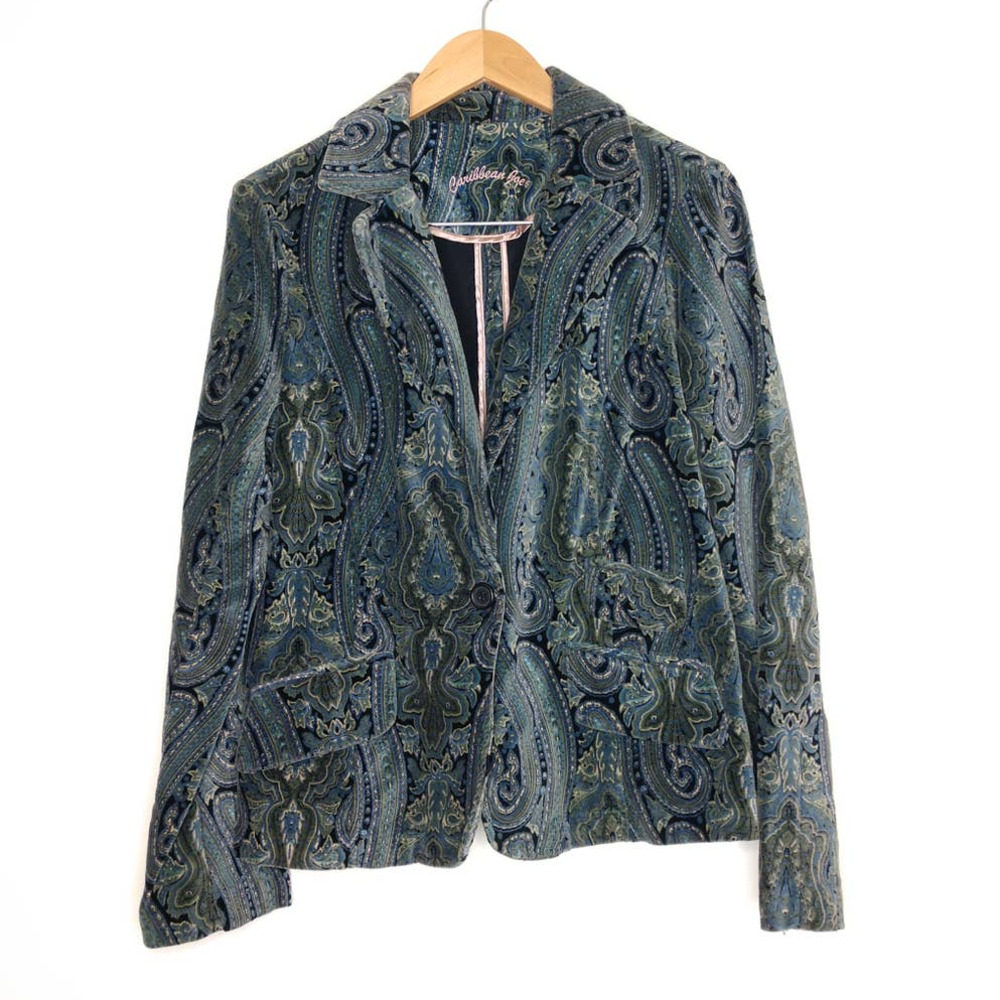 Y2K Velvet Blazer Paisley Blue Pink Green 3 Pockets Medium Caribbean Joe